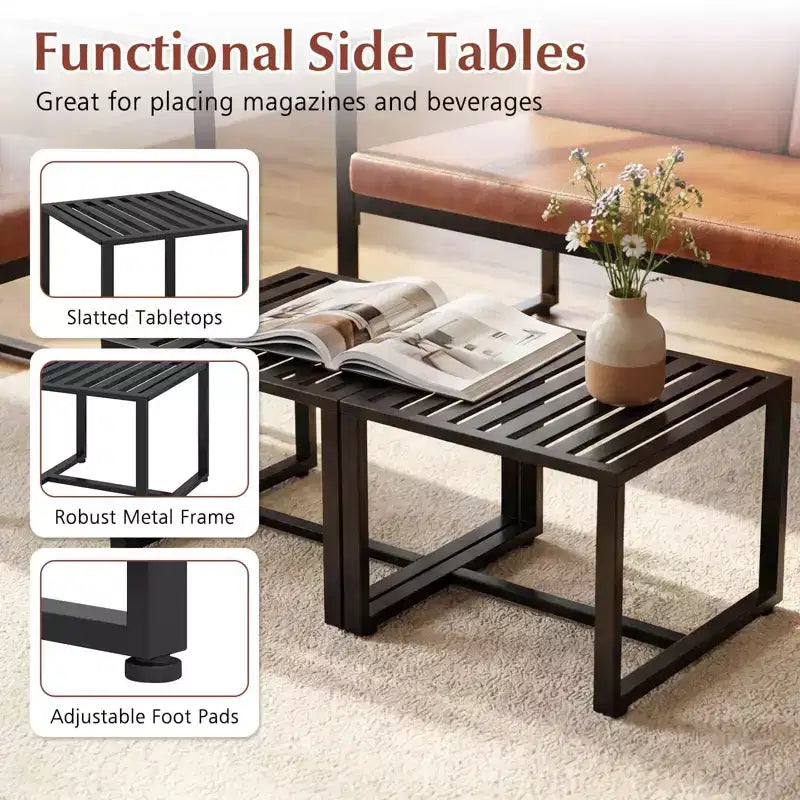 Tables d'appoint carrées d'intérieur, lot de 2 tables d'appoint en métal avec plateau à lattes, noires