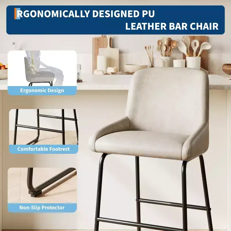 Tabourets de bar modernes en similicuir (lot de 4), chaises rembourrées sans accoudoirs avec dossier et repose-pieds, structure en métal, pour cuisine ou comptoir