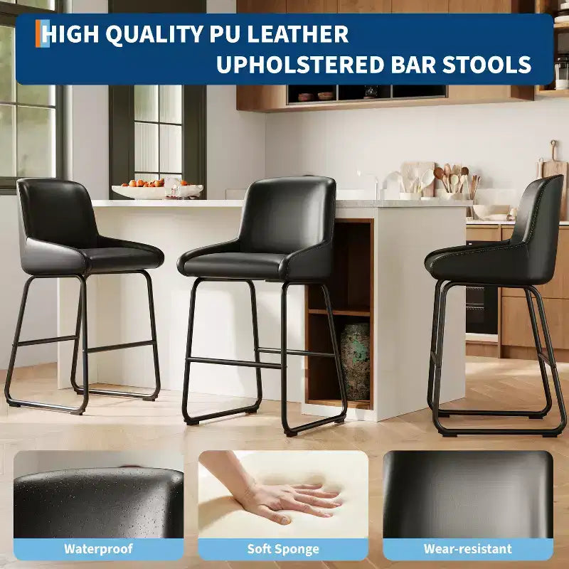 Tabourets de bar modernes en similicuir (lot de 4), chaises rembourrées sans accoudoirs avec dossier et repose-pieds, structure en métal, pour cuisine ou comptoir