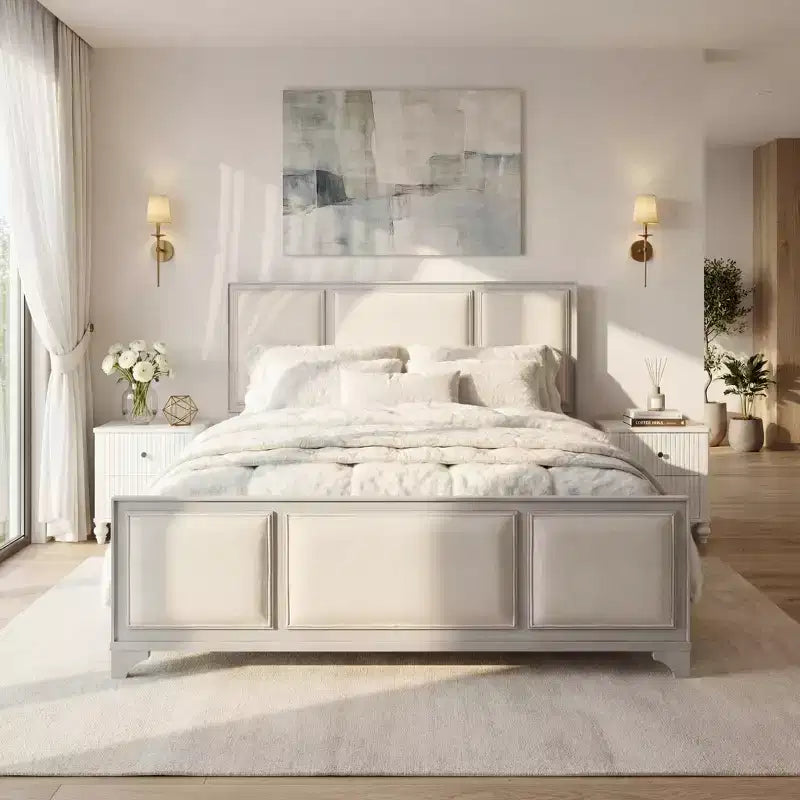 Lit plateforme en bois King/Queen size avec tête et pied de lit rembourrés beiges, cadre de lit de style ferme moderne