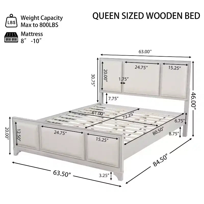 Lit plateforme en bois King/Queen size avec tête et pied de lit rembourrés beiges, cadre de lit de style ferme moderne