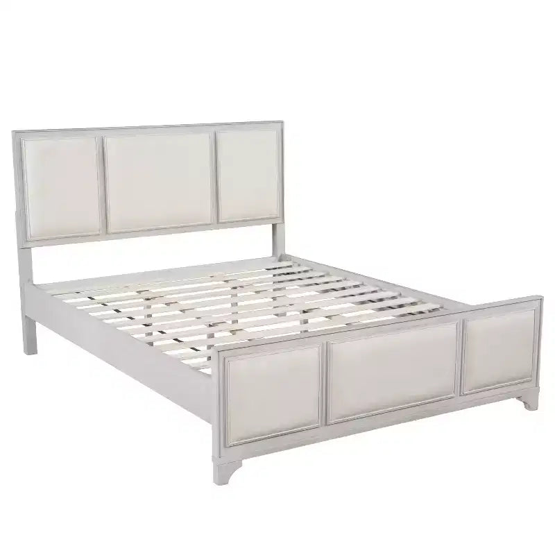 Lit plateforme en bois King/Queen size avec tête et pied de lit rembourrés beiges, cadre de lit de style ferme moderne