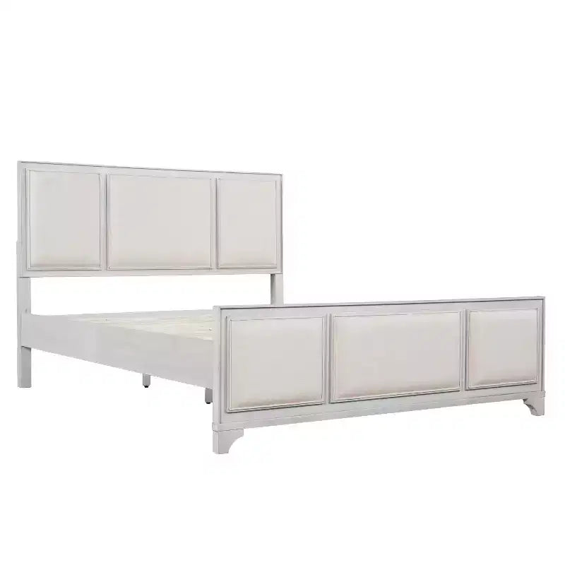 Lit plateforme en bois King/Queen size avec tête et pied de lit rembourrés beiges, cadre de lit de style ferme moderne