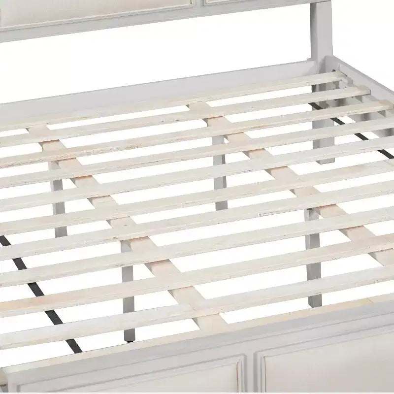 Lit plateforme en bois King/Queen size avec tête et pied de lit rembourrés beiges, cadre de lit de style ferme moderne
