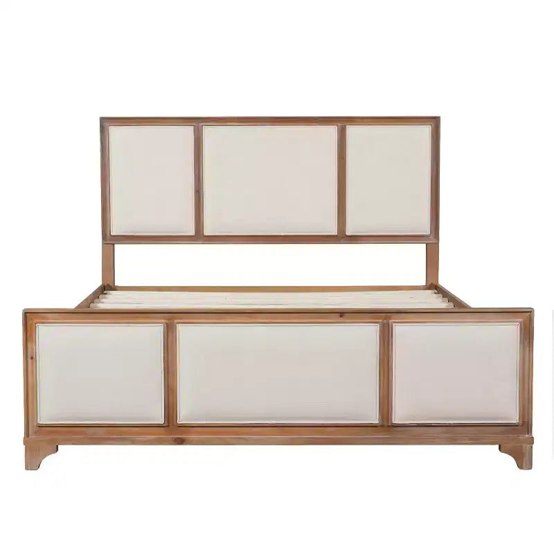 Lit plateforme en bois King/Queen size avec tête et pied de lit rembourrés beiges, cadre de lit de style ferme moderne