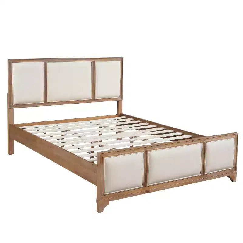 Lit plateforme en bois King/Queen size avec tête et pied de lit rembourrés beiges, cadre de lit de style ferme moderne