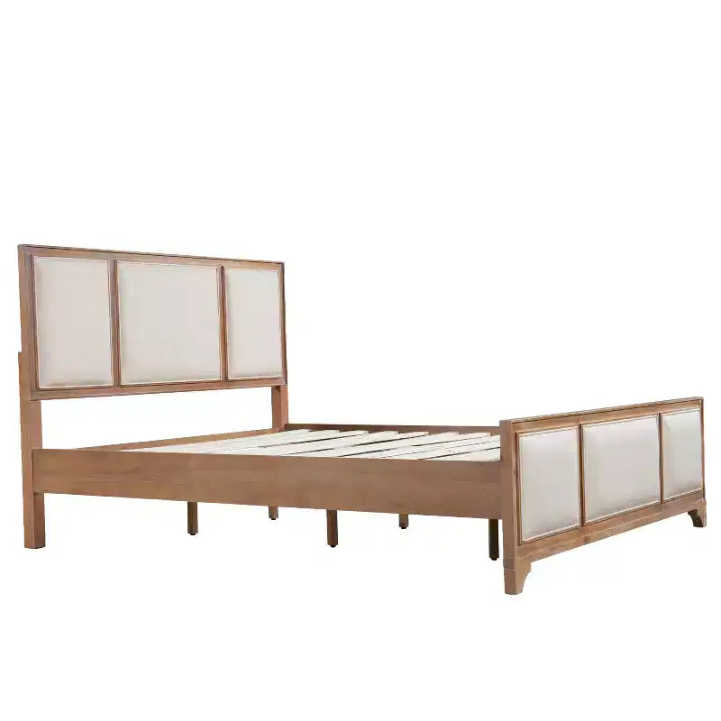 Lit plateforme en bois King/Queen size avec tête et pied de lit rembourrés beiges, cadre de lit de style ferme moderne