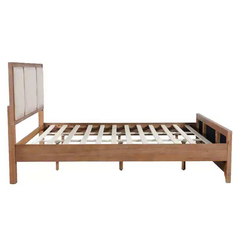 Lit plateforme en bois King/Queen size avec tête et pied de lit rembourrés beiges, cadre de lit de style ferme moderne