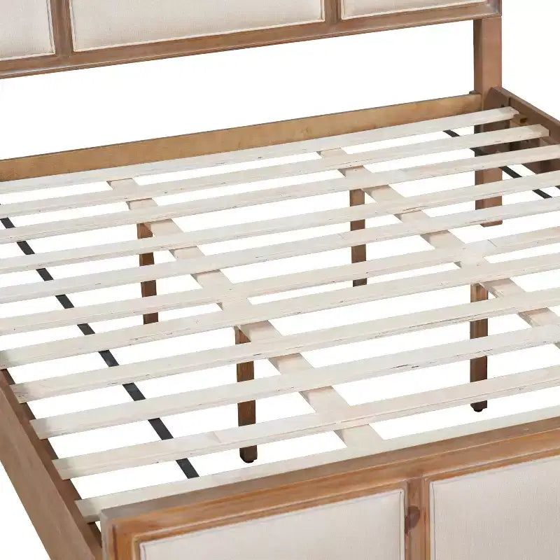 Lit plateforme en bois King/Queen size avec tête et pied de lit rembourrés beiges, cadre de lit de style ferme moderne