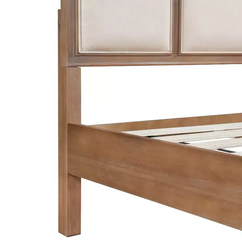 Lit plateforme en bois King/Queen size avec tête et pied de lit rembourrés beiges, cadre de lit de style ferme moderne