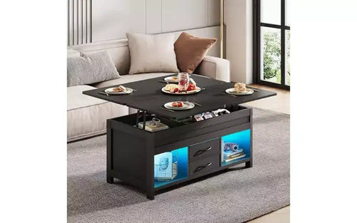 Table basse relevable de 40 pouces, tables basses 4 en 1 avec rangement, 2 tiroirs en tissu, lumière LED et USB, noir
