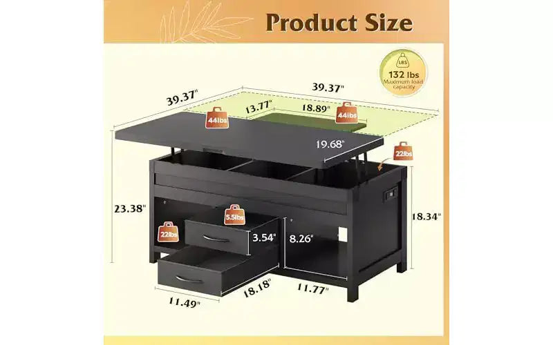 Table basse relevable de 40 pouces, tables basses 4 en 1 avec rangement, 2 tiroirs en tissu, lumière LED et USB, noir