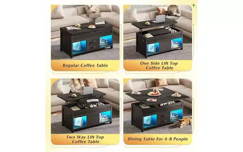 Table basse relevable de 40 pouces, tables basses 4 en 1 avec rangement, 2 tiroirs en tissu, lumière LED et USB, noir