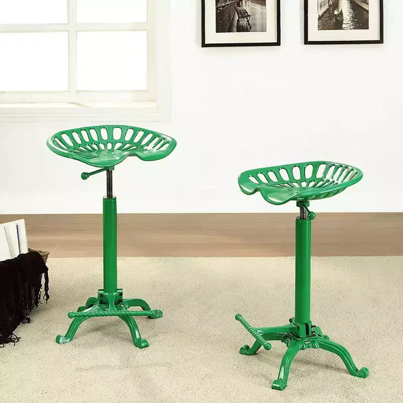 Tabouret de tracteur réglable vert et table : Fer forgé, base à griffes, hauteur 56-84 cm