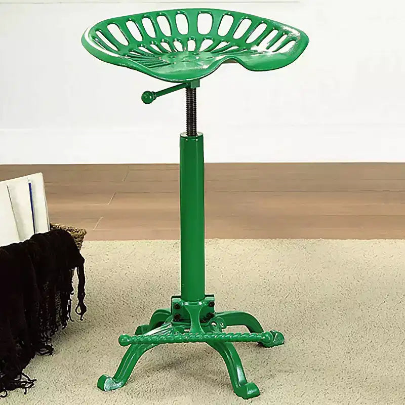 Tabouret de tracteur réglable vert et table : Fer forgé, base à griffes, hauteur 56-84 cm