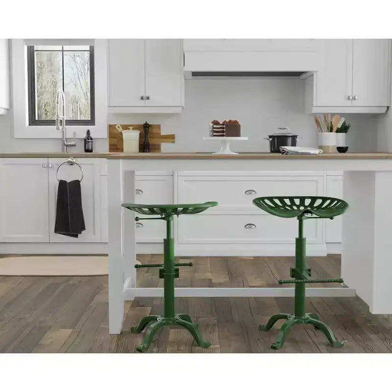 Tabouret de tracteur réglable vert et table : Fer forgé, base à griffes, hauteur 56-84 cm