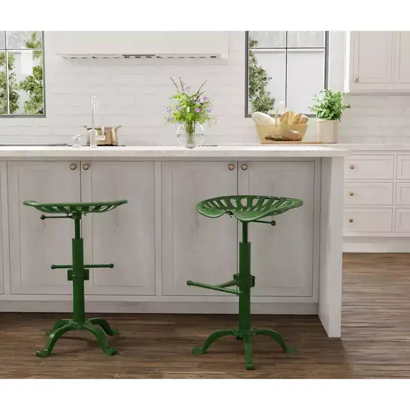 Tabouret de tracteur réglable vert et table : Fer forgé, base à griffes, hauteur 56-84 cm