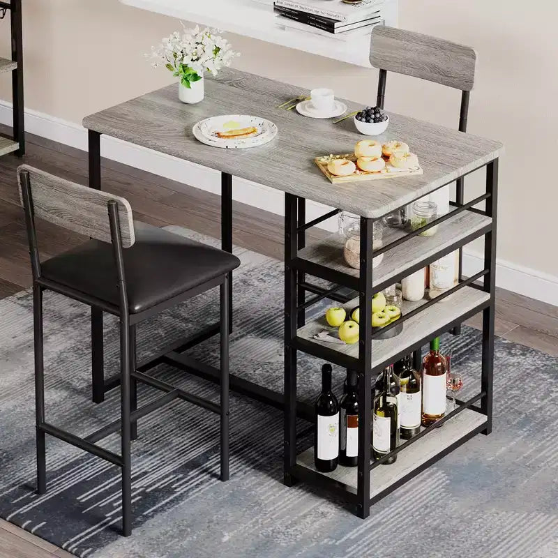 Ensemble Table de Cuisine, Table à Manger et 2 Chaises de Bar Rembourrées avec 3 Grandes Étagères de Rangement, Ensemble de Table en Bois pour Petits Espaces, Appartement, Maison